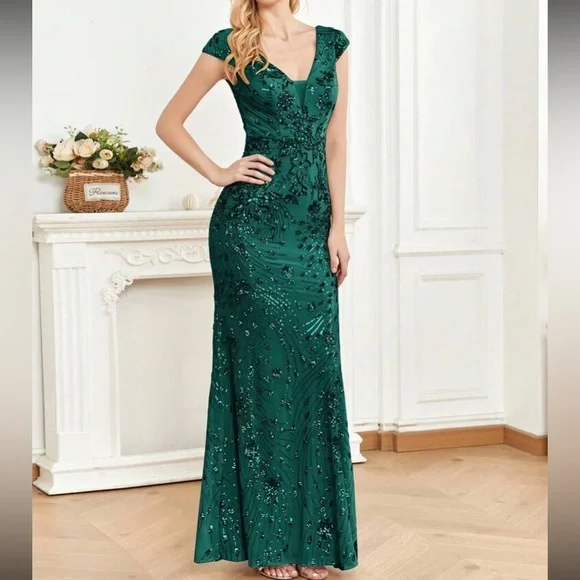 Luxe V neck sequin formal evening party dress